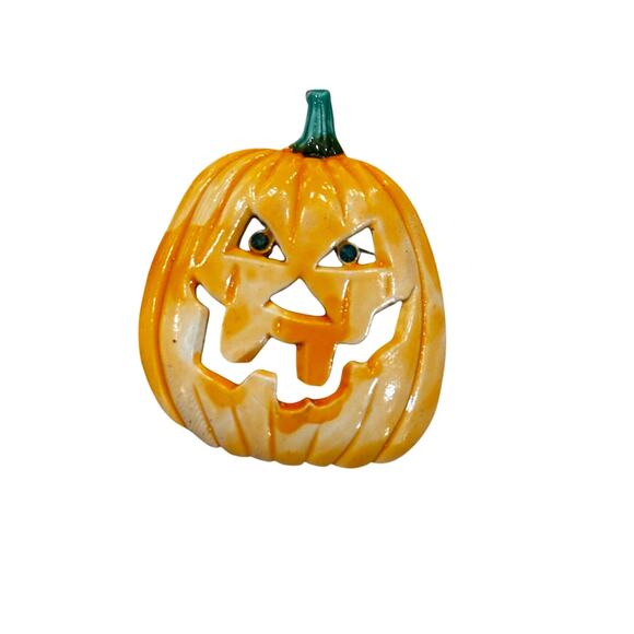 Vintage 80s Jack-o-Lantern Pumpkin Enamel Pin from JJ - Picture 1 of 5